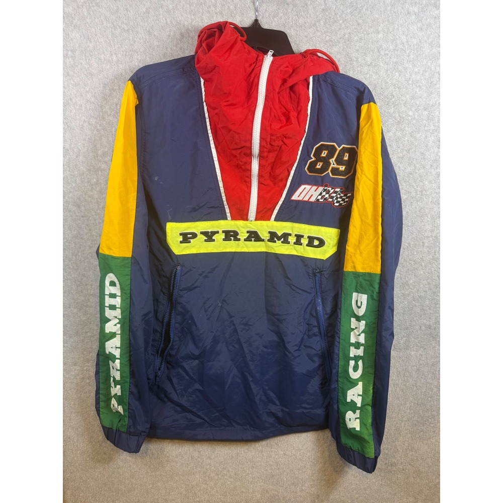 Black Pyramid Racing Windbreaker Jacket Mens Large Colorblock Half Zip Hooded